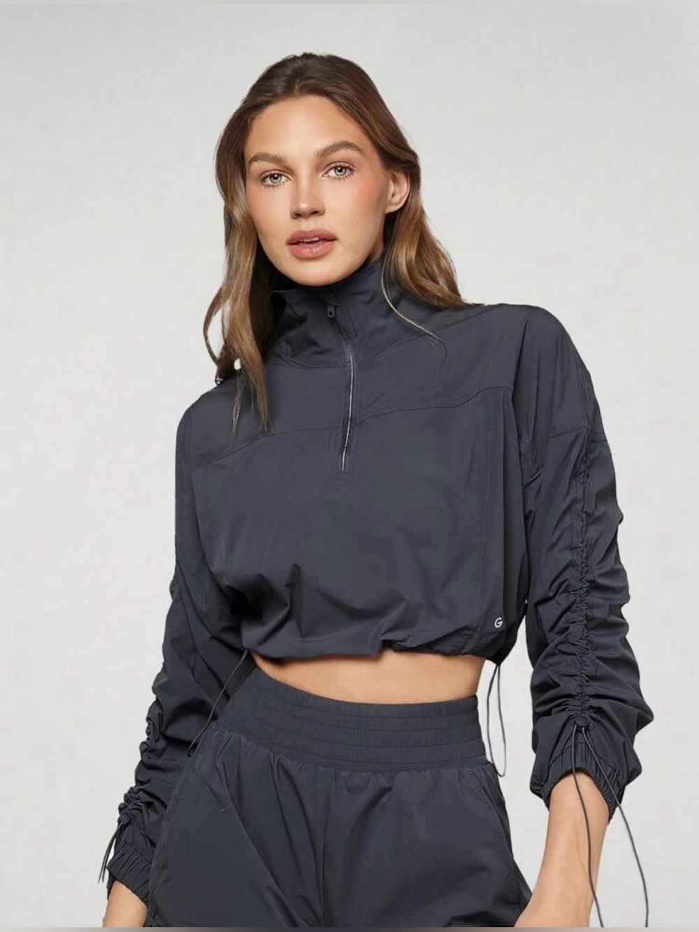Cropped High-Neck Windbreaker Top and bottom Set in Charcoal size S